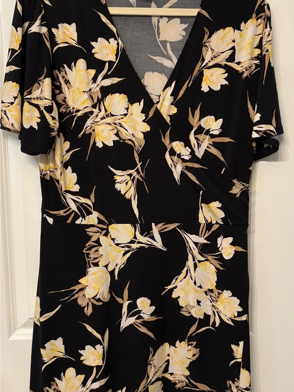White House Black Market Black Floral Wrap Dress with Yellow and Cream Blooms - Picture 1 of 3